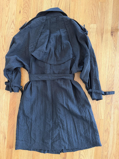 Vintage Concept Women's Black Crinkled Double-Breasted Trench Coat - Size 11