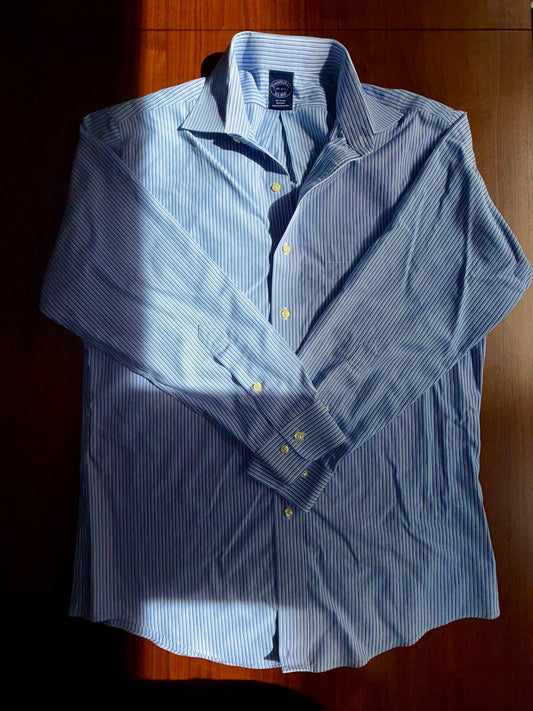 Brooks Brothers Blue and White Striped Non-Iron Cotton Dress Shirt - Size 15.5-33