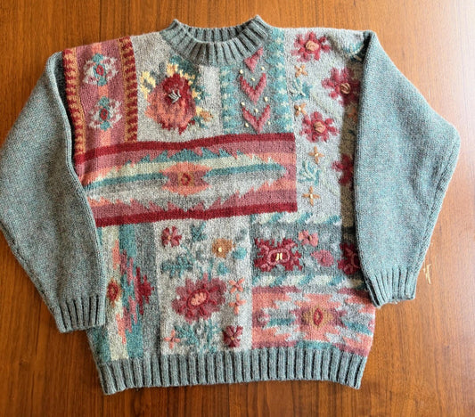 Vintage Eddie Bauer 100% Wool Patchwork Floral Sweater - Size S