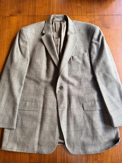 Oscar de la Renta Men's Brown WIndowpane Plaid Lambswool & Cashmere Sport Coat - S 52L
