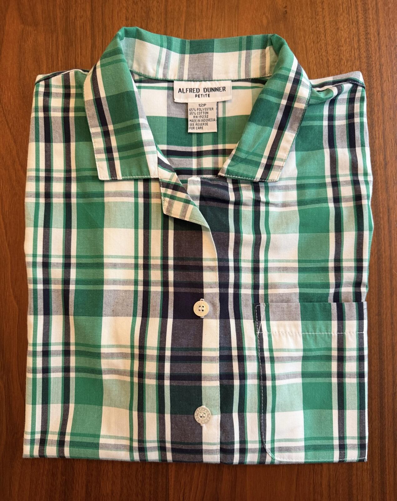 Alfred Dunner Women's Petite Green & Navy Plaid Button Front Shirt - Size 12P