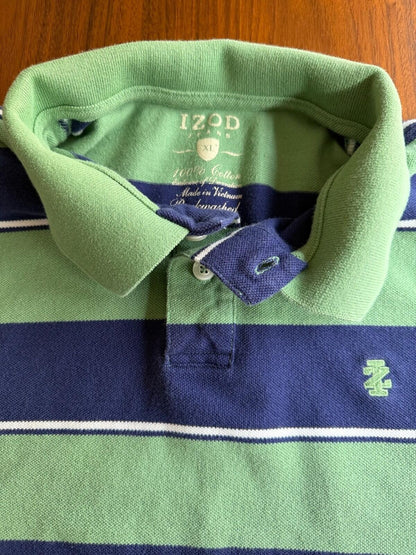 IZOD Men's Green & Blue Striped Short Sleeve Polo Shirt - Size XL