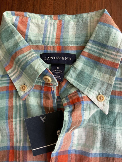 Lands' End Men's Traditional Fit Short Sleeve Green Plaid Button-Down - Size S