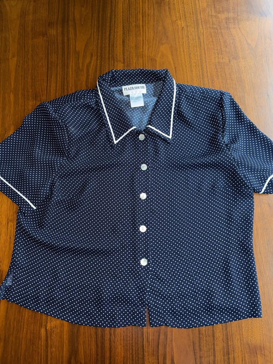 Vintage Plaza South Women's Navy Polka Dot Short Sleeve Blouse - Size 14
