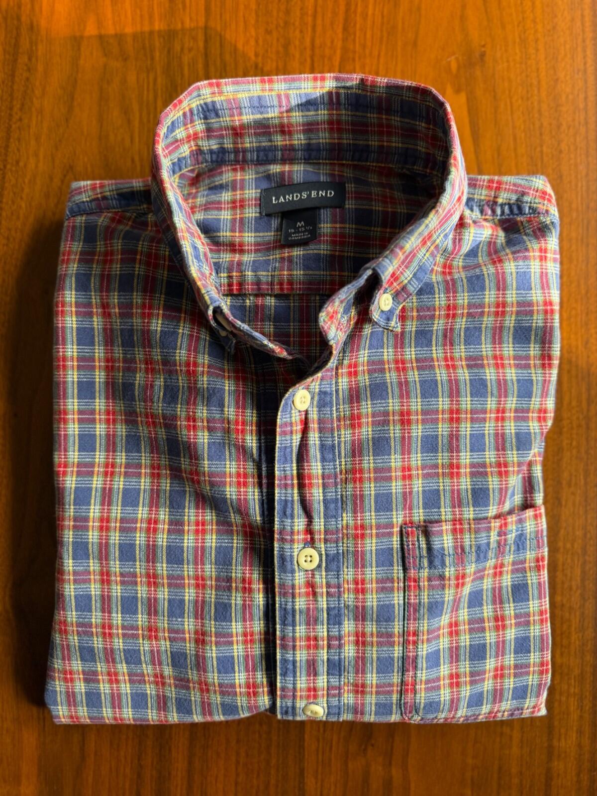 Lands'  End Men's Blue & Red Plaid Button-Down Long Sleeve Shirt - Size M