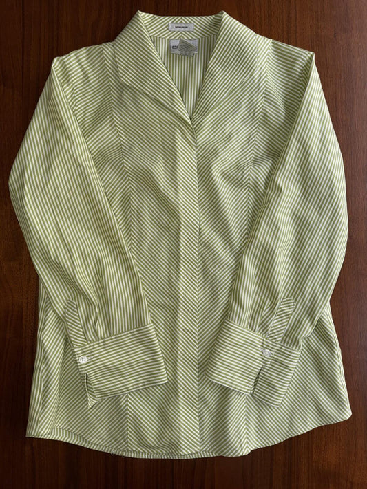 Chico's Women's Non-Iron Green & White Bias Striped Button-Up Shirt - Size 0