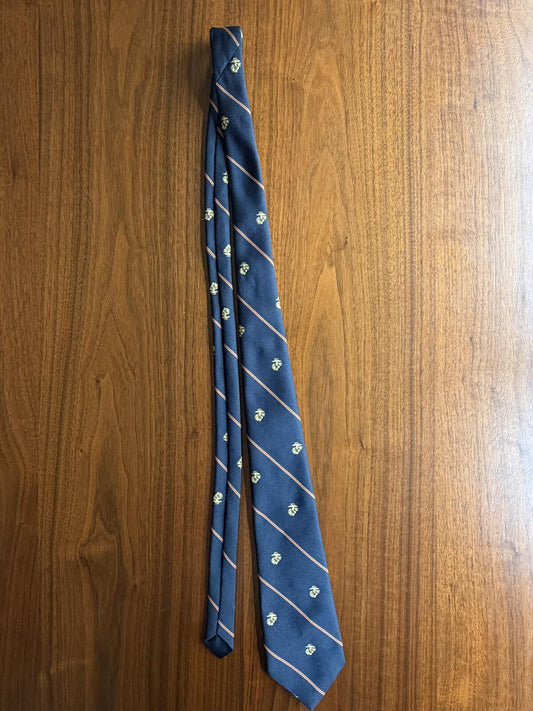 C.H. Mundy Navy Blue Silk Tie with Red Stripes and Gold Marine Motif
