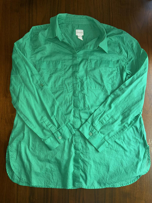 Chico's Women's Green 100% Cotton Long Sleeve Button Front Shirt - Size L