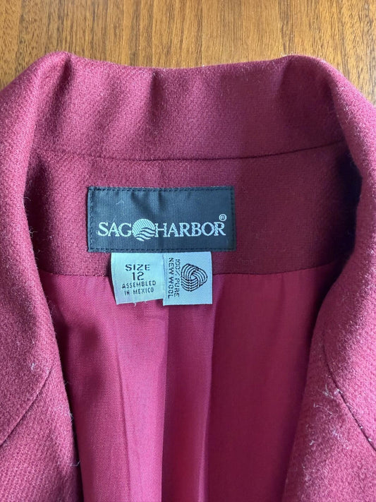 Vintage Sag Harbor 100% Pure New Wool Blazer Jacket Burgundy - Size 12