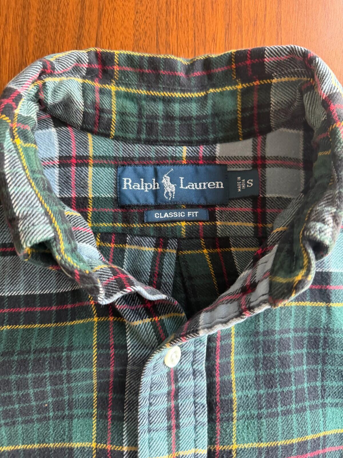 Polo Ralph Lauren Classic Fit Green Plaid Cotton Flannel Button Down Shirt Size S