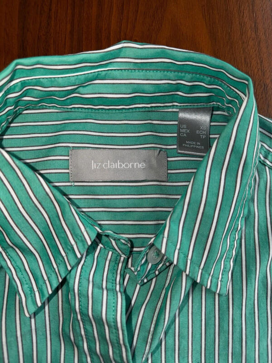 Liz Claiborne Women's Cotton Striped LS Button Up Green & White  - Size XS