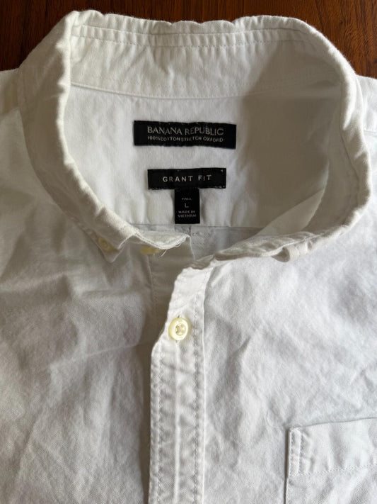 Banana Republic Grant Fit Cotton Stretch Oxford Shirt White Tall Large