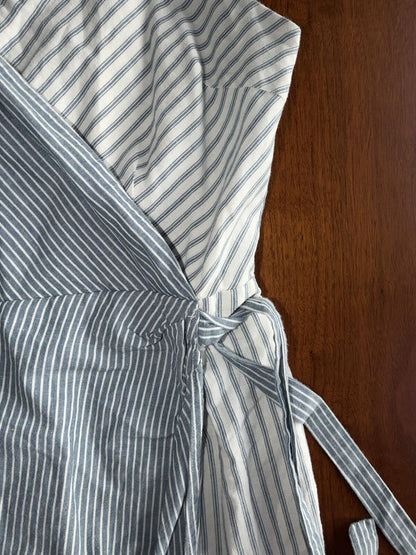 Skies Are Blue Women's Blue Striped Romper w/ Tie Waist Apron Front- Size L
