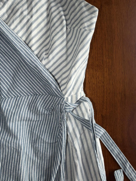 Skies Are Blue Women's Blue Striped Romper w/ Tie Waist Apron Front- Size L