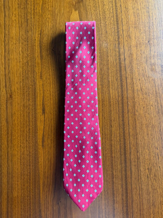 Liberty of London Red Silk Tie with Blue Diamond Medallion Pattern