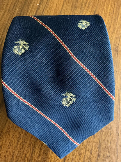 C.H. Mundy Navy Blue Silk Tie with Red Stripes and Gold Marine Motif