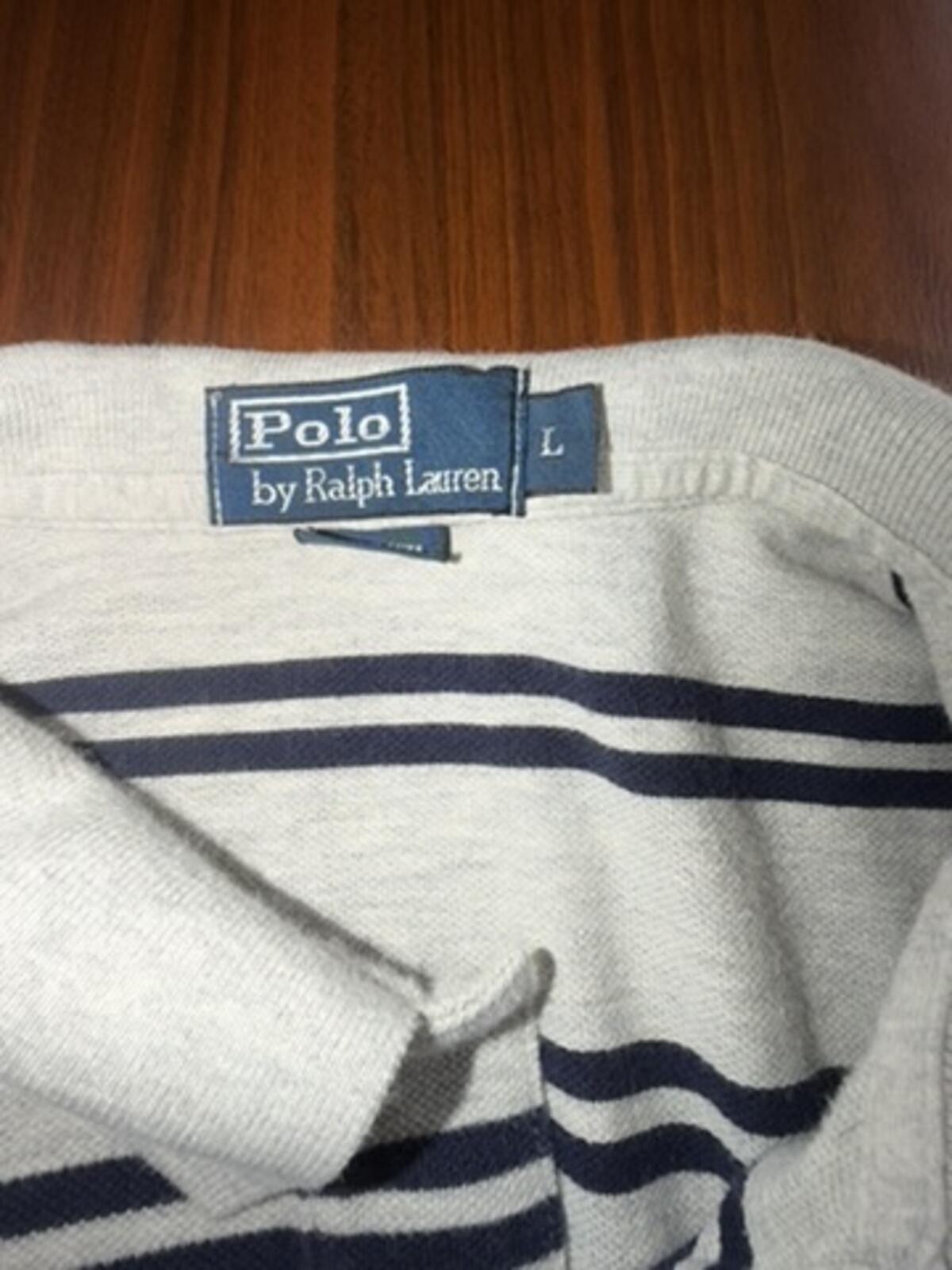 Polo by Ralph Lauren Men's Grey & Navy Striped Polo Shirt - Size Large