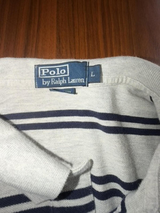 Polo by Ralph Lauren Men's Grey & Navy Striped Polo Shirt - Size Large