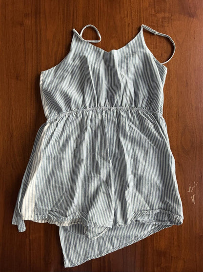 Skies Are Blue Women's Blue Striped Romper w/ Tie Waist Apron Front- Size L