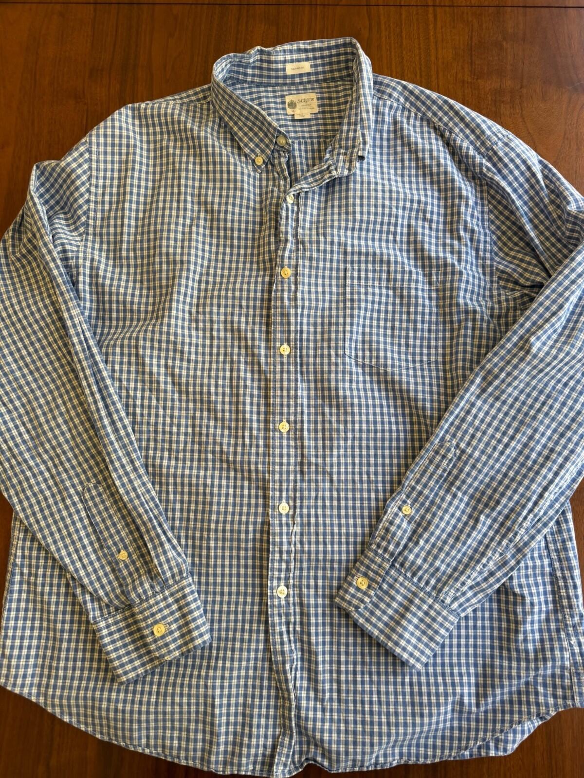 J.Crew Men's Tailored Fit Blue and White Tattersall Plaid Shirt - Size XL