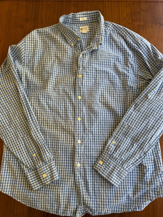 J.Crew Men's Tailored Fit Blue and White Tattersall Plaid Shirt - Size XL
