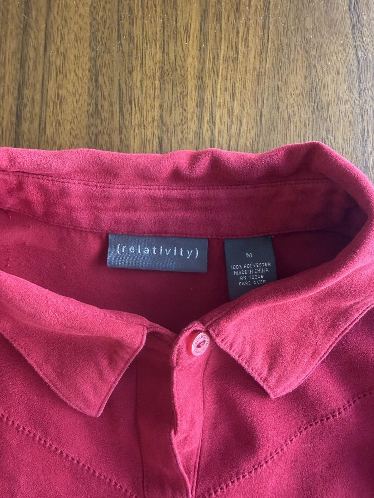 Relativity Women's Faux-Suede Long Sleeve Red Button-Up - Size M