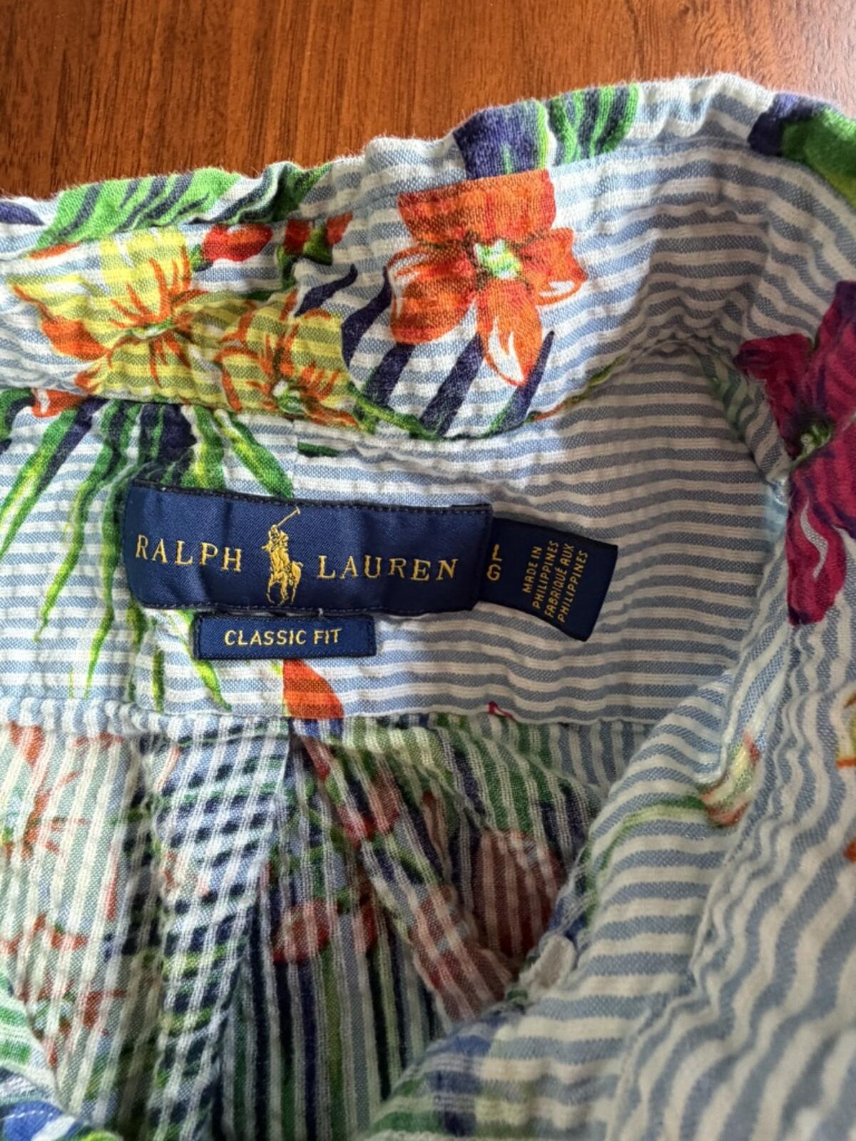 Ralph Lauren Classic Fit Floral Seersucker Button-Up Shirt - Size L