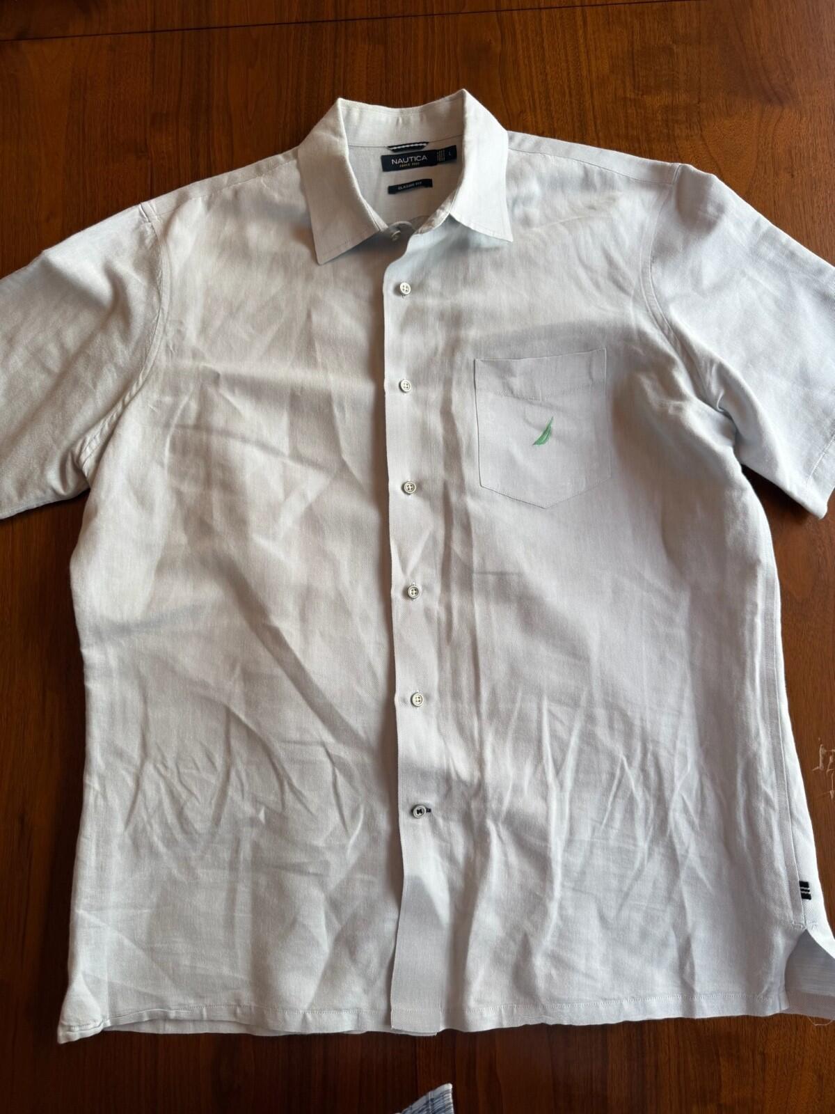 Nautica Men's Light Blue Short Sleeve Ramie Cotton Blend Shirt - Size L