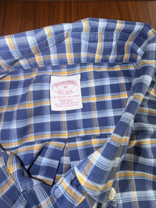 Brooks Brothers Men's Regular Fit Blue & Yellow Plaid Button-Down - Size XL