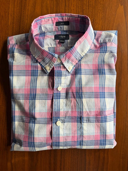J.Crew Men's Slim Fit Pink and Blue Plaid Cotton Button Down Shirt - Size L