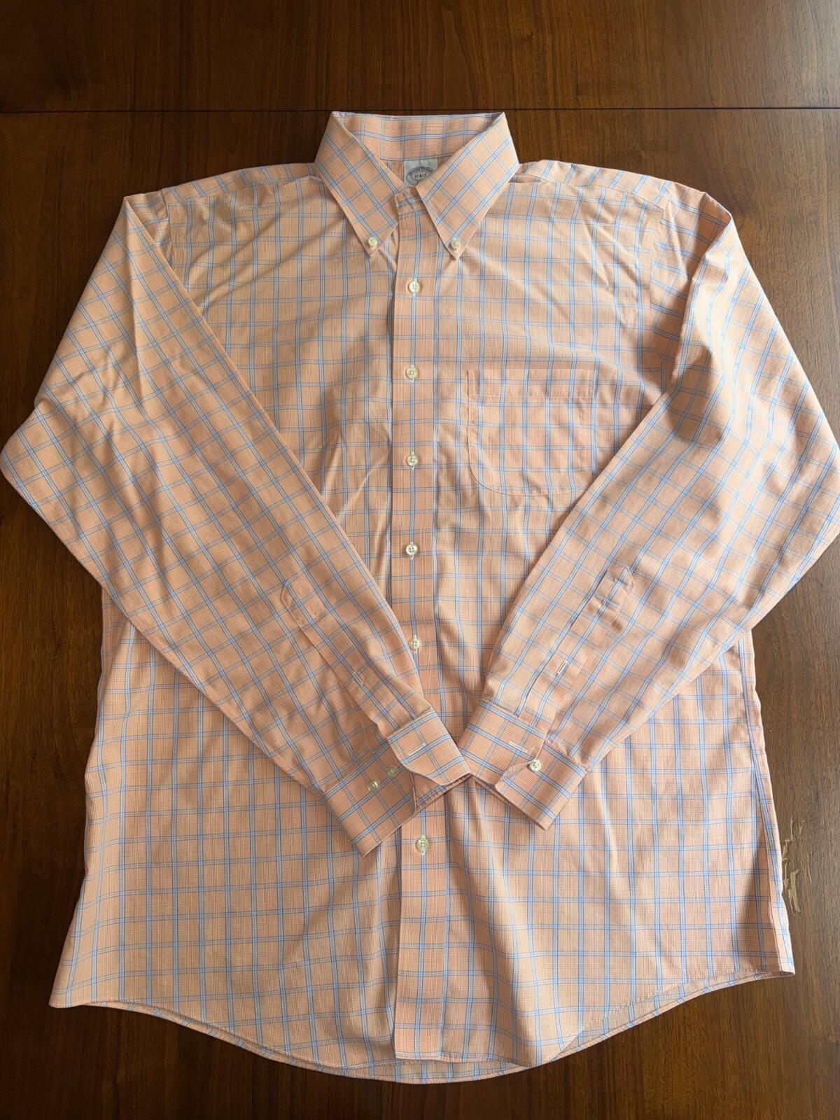 Brooks Brothers 346 Men's Slim Fit Non-Iron Orange Plaid Dress Shirt - Size 17-36