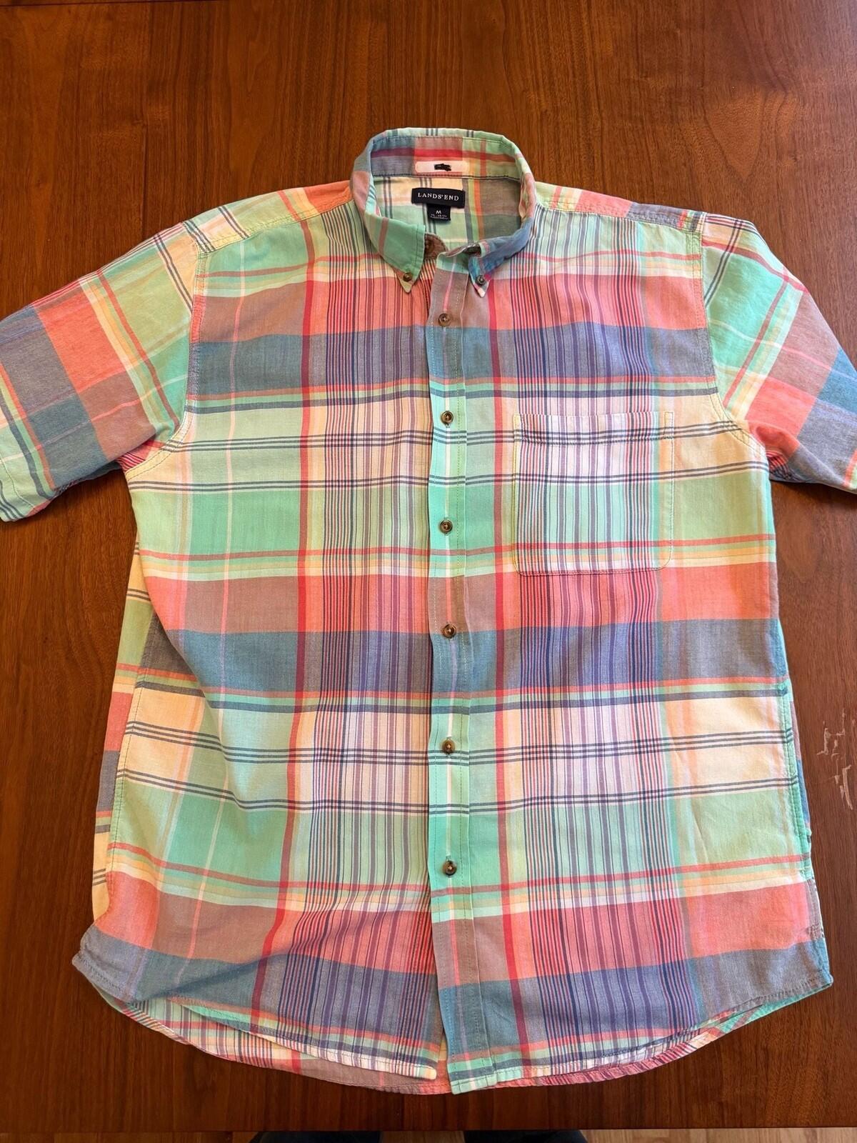 Lands' End Men's Short Sleeve Button Down Madras Pink Plaid Shirt - Size M