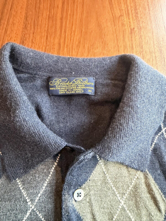 Brooks Brothers Men's Blue Argyle 100% Merino Wool Polo Sweater - Size XL