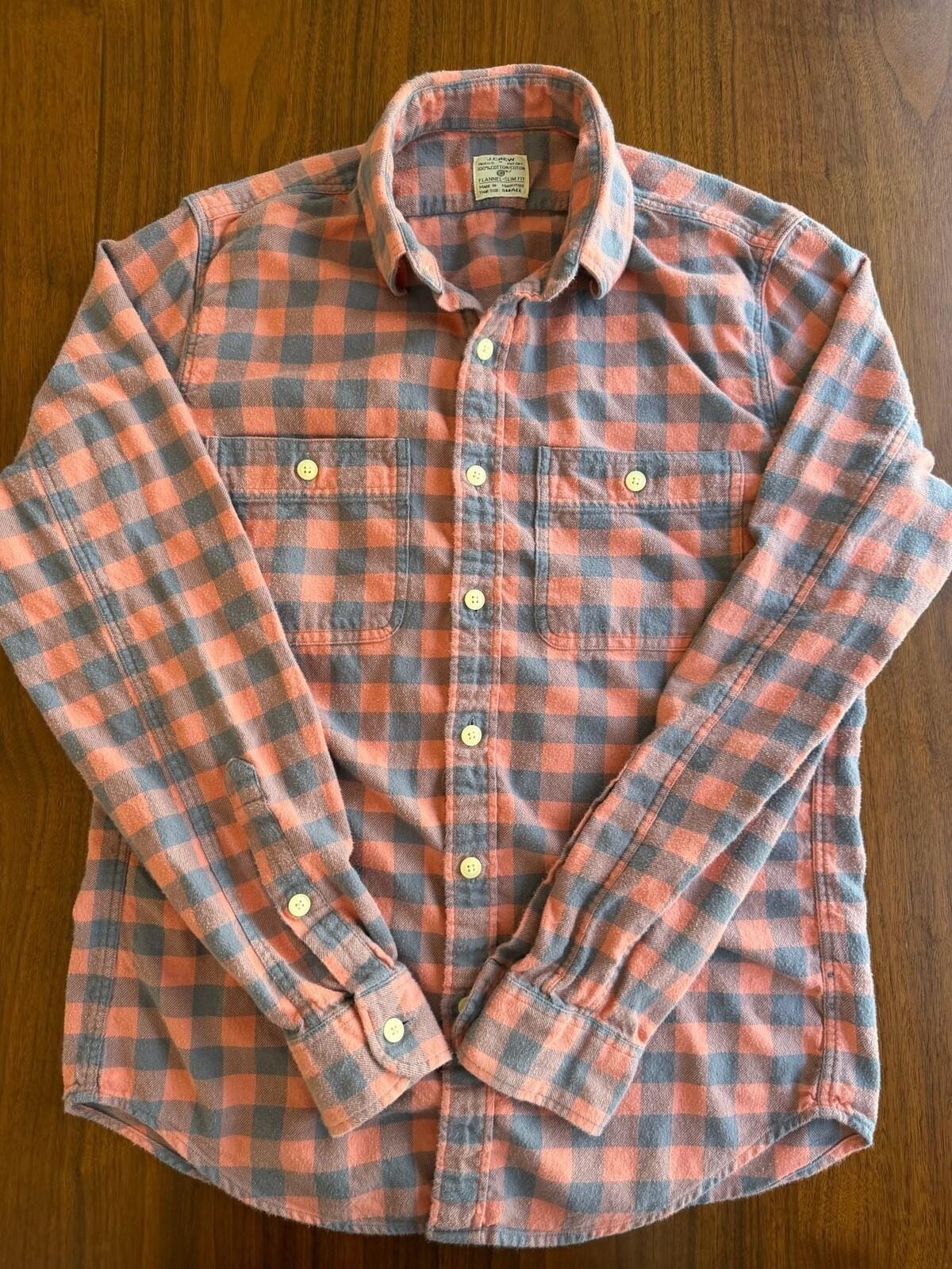 J.Crew Men's Slim-Fit Cotton Flannel Button-Up Shirt Salmon & Grey Check - Size S