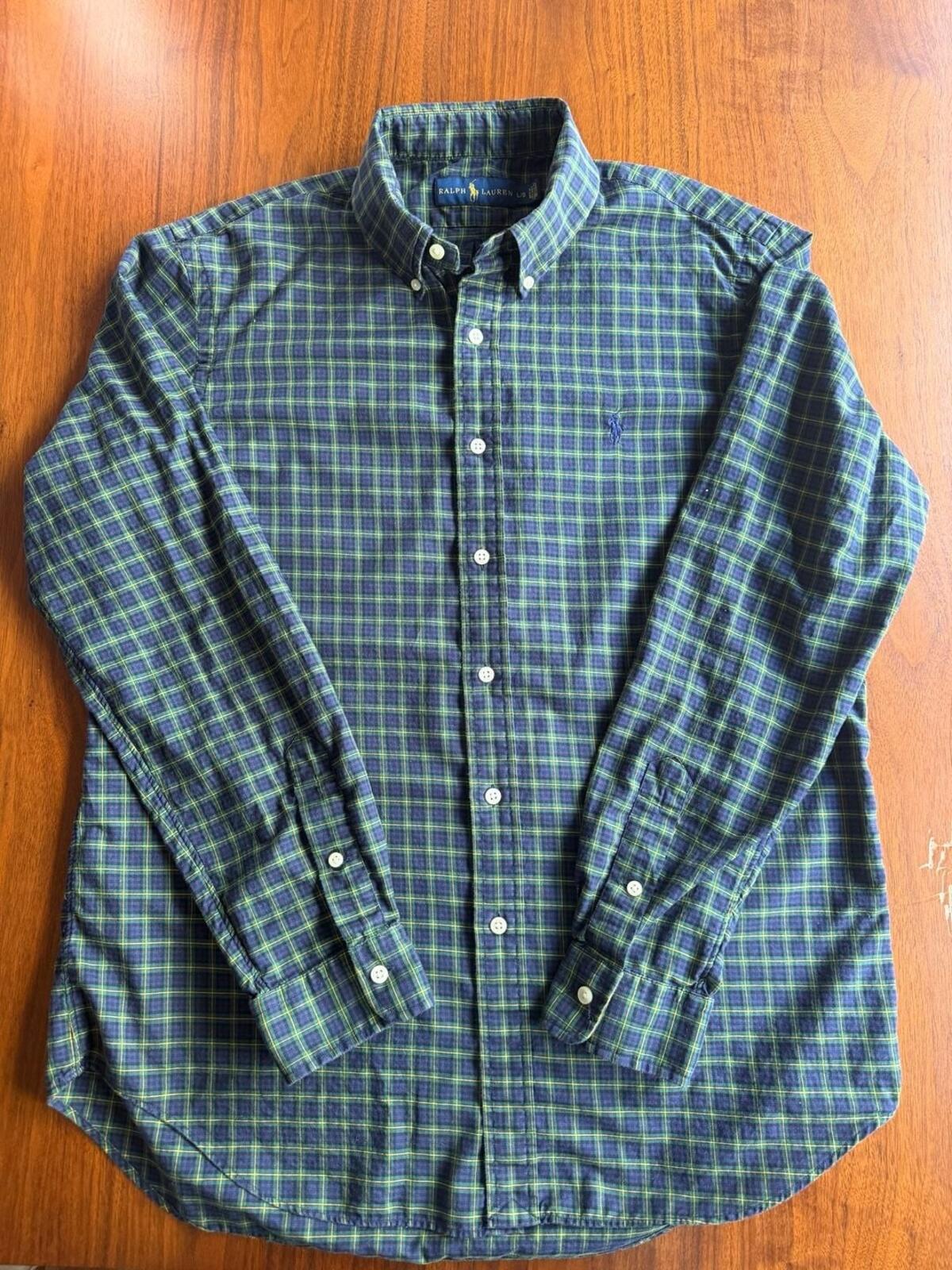 Polo Ralph Lauren Mens Green/Navy Blue Tartan Plaid Button Down Shirt - Size L
