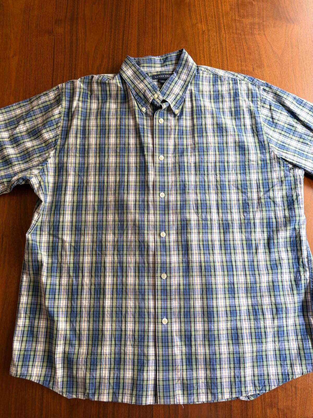 Lands' End Men's Blue & Green Plaid Short Sleeve Button Down Shirt - Size L