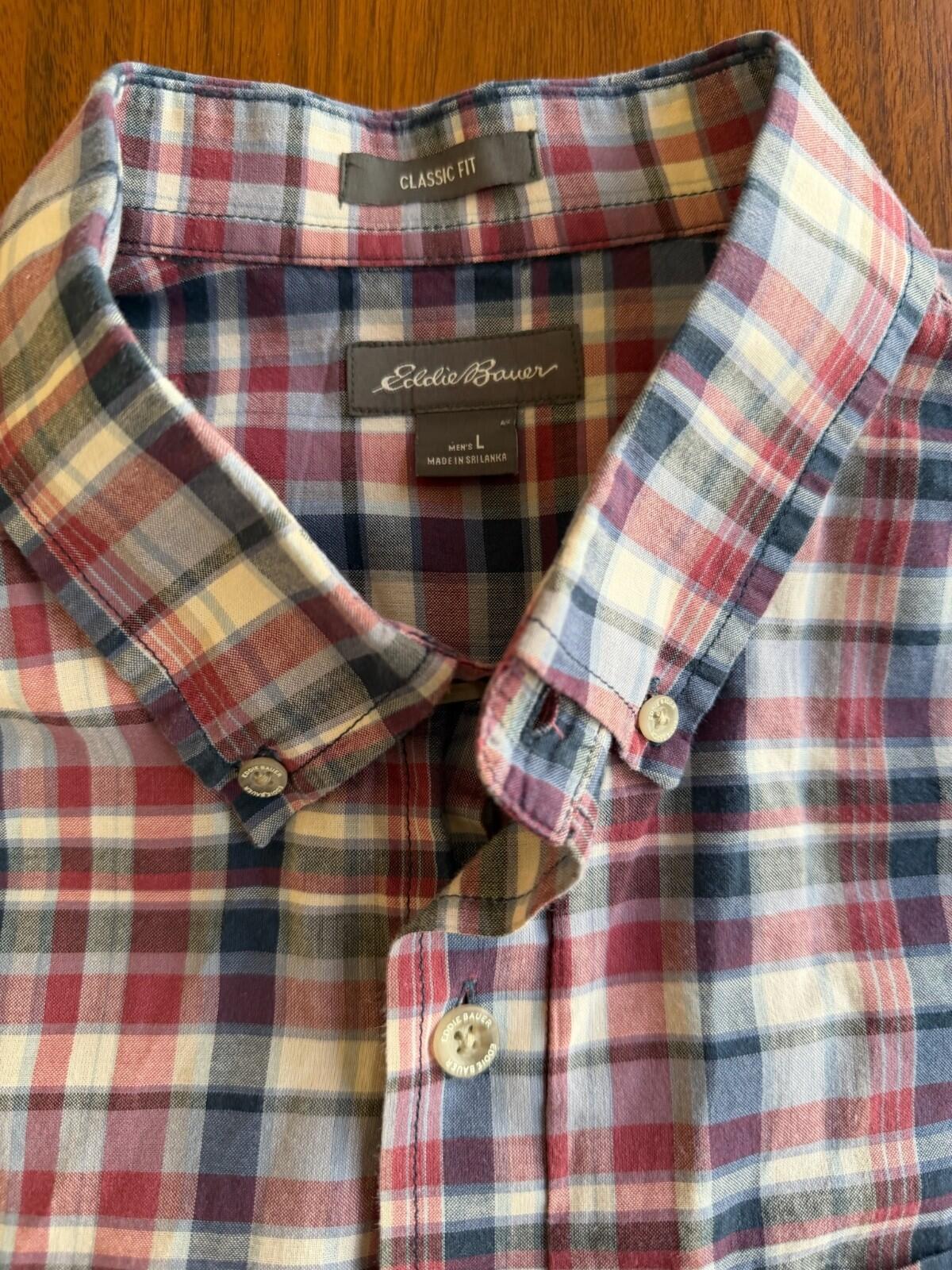 Eddie Bauer Men's Red & Blue Short-Sleeve Plaid Button-Down Shirt - Size L
