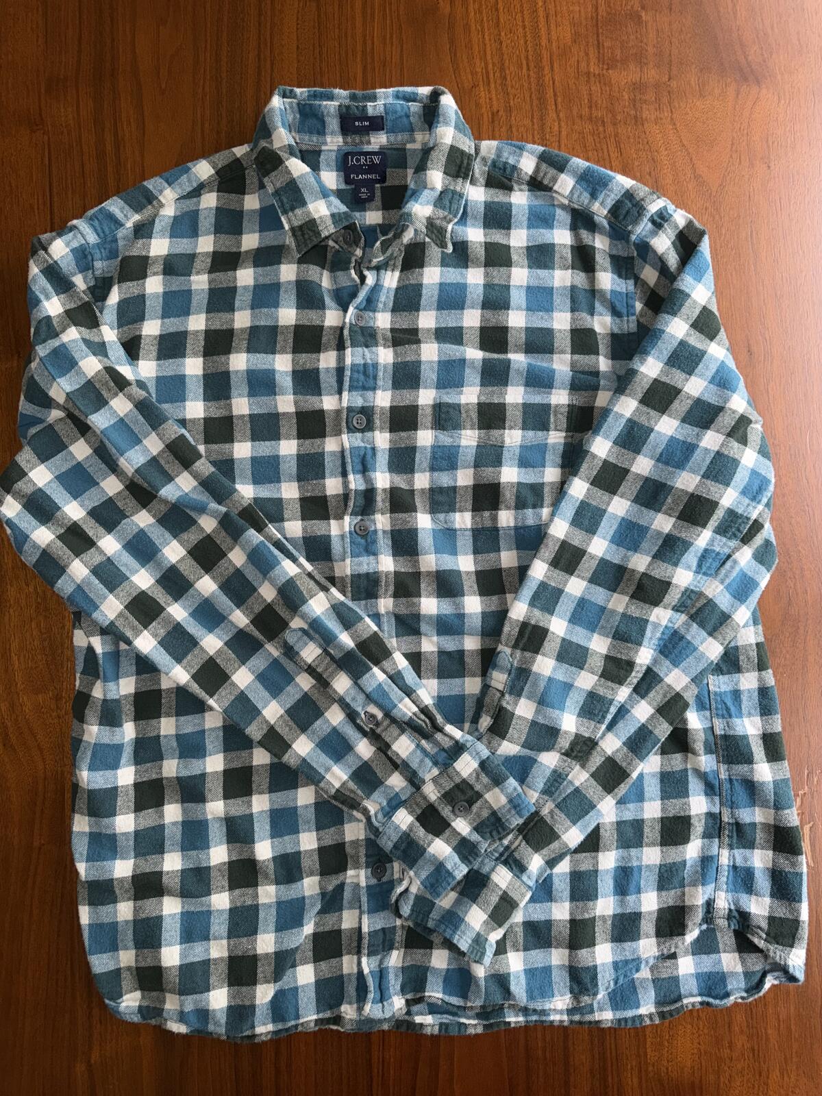 J.Crew Men's Flex Slim Flannel Button-Down Shirt Blue & Green Plaid - Size XL