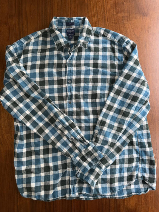 J.Crew Men's Flex Slim Flannel Button-Down Shirt Blue & Green Plaid - Size XL