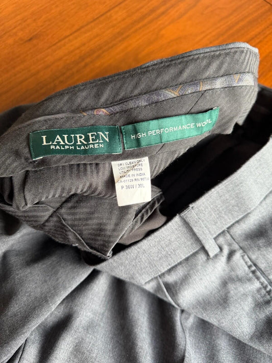 Lauren Ralph Lauren Grey High Performance Wool Pleated Cuffed Dress Pant - 36x30