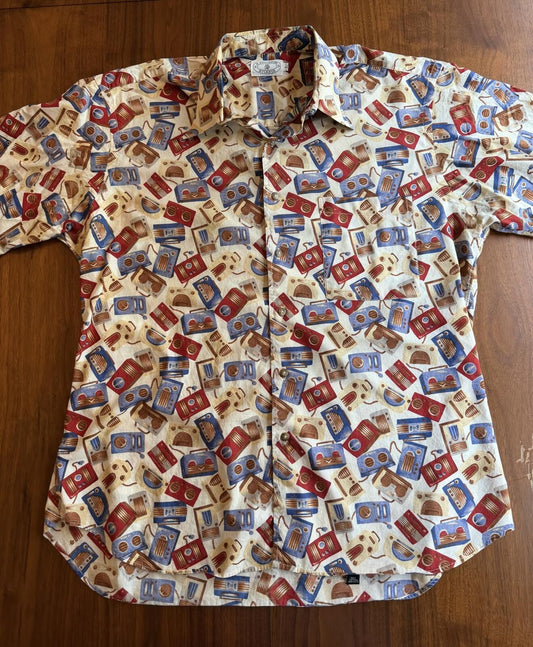 Vintage H. Stockton Atlanta Geo Cassette Print Short Sleeve Shirt - Size L