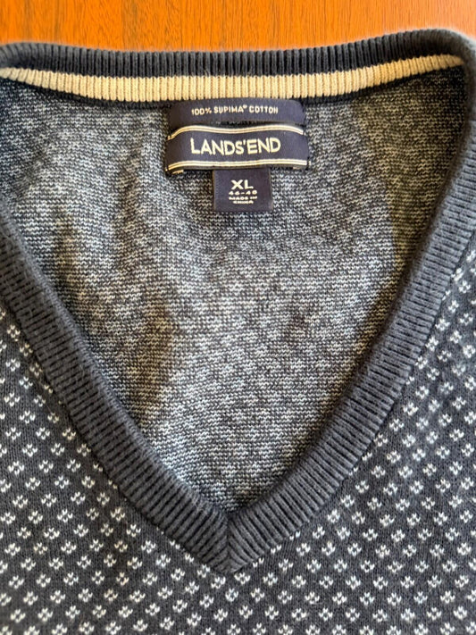 Lands' End Men's Navy Blue 100% Supima Patterned V-Neck Sweater - Size XL
