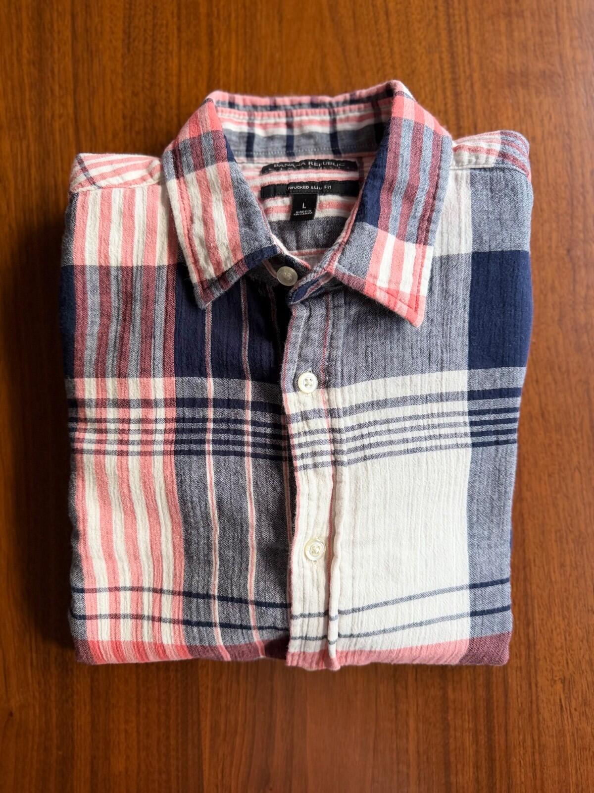 Banana Republic Men's Untucked Slim Fit Plaid Button-Down Shirt Size L