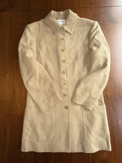 Vintage Jaeger Beige Herringbone Wool Skirt Suit Set - Size 4