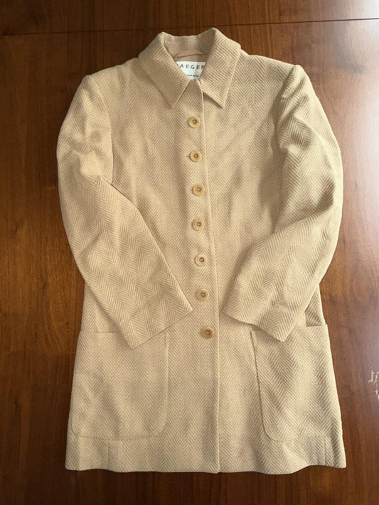 Vintage Jaeger Beige Herringbone Wool Skirt Suit Set - Size 4
