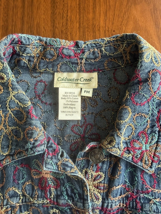Coldwater Creek Women's Floral Embroidered Jean Jacket - Size PM
