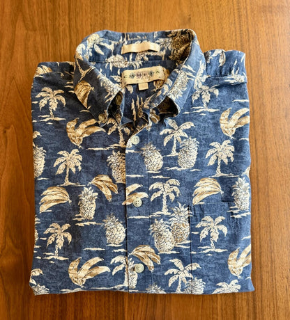 Campia Moda Men's Blue Tropical Palm Button Front Hawaiian Shirt - Size L
