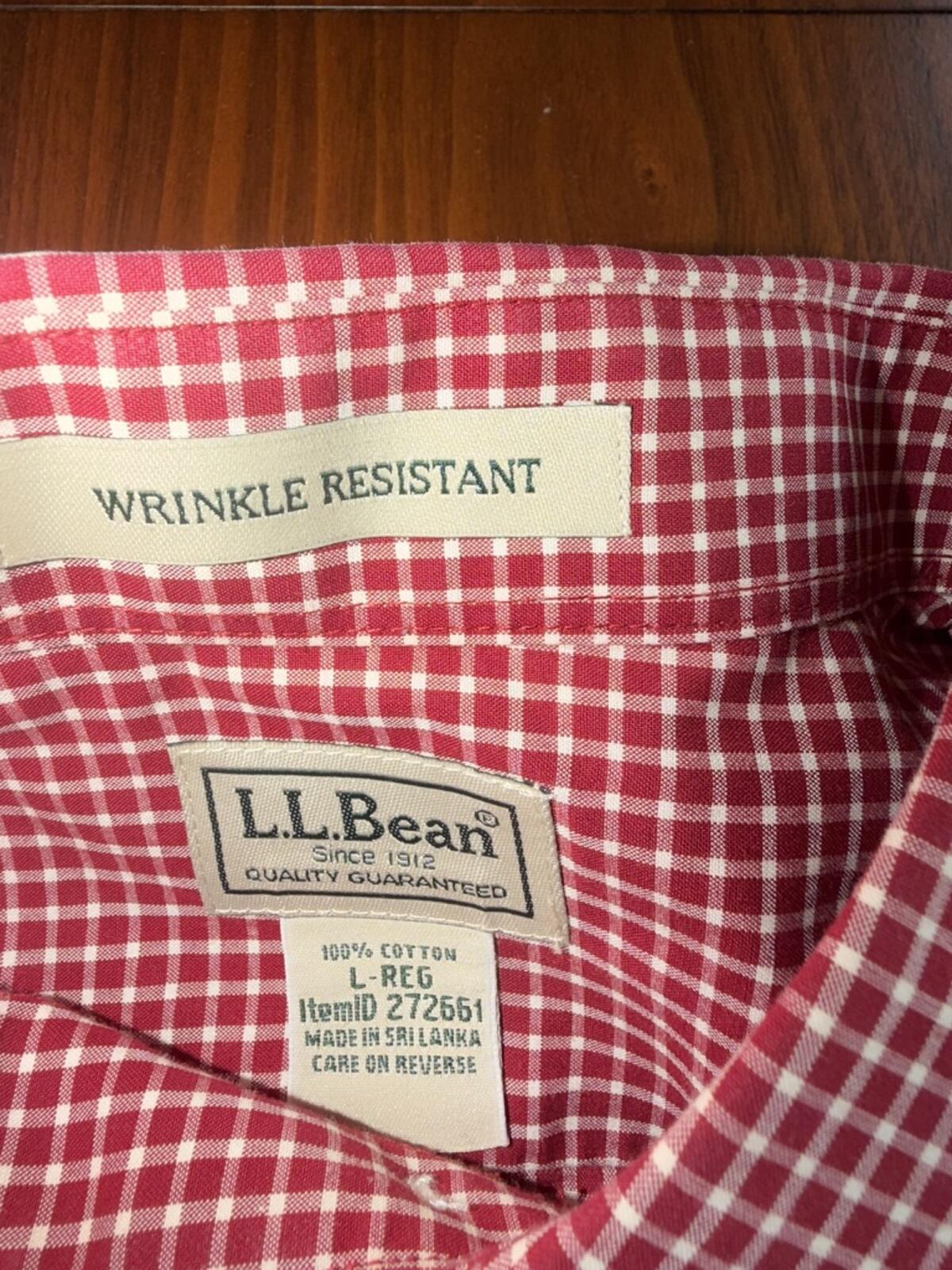 L.L.Bean Men's Red Check Wrinkle Resistant Cotton Button Down Shirt - Size L