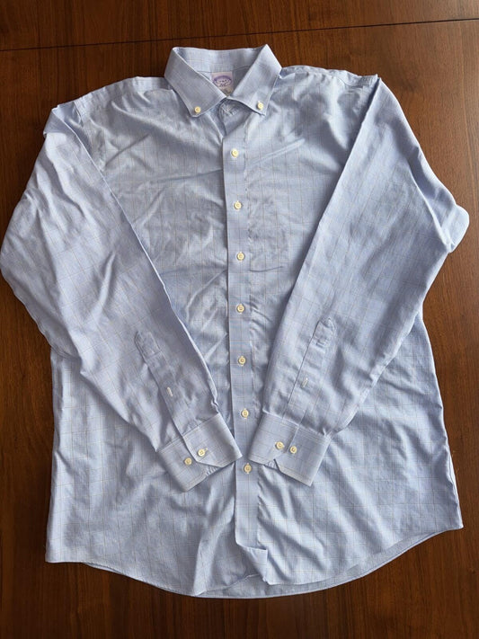 Brooks Brothers 346 Men's Slim Fit Non-Iron Blue Plaid Dress Shirt - Size 17-36