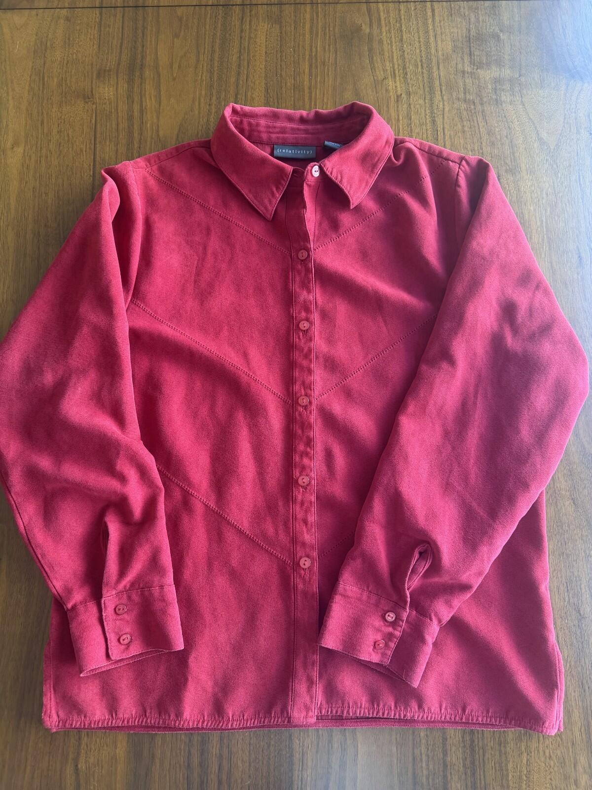 Relativity Women's Faux-Suede Long Sleeve Red Button-Up - Size M